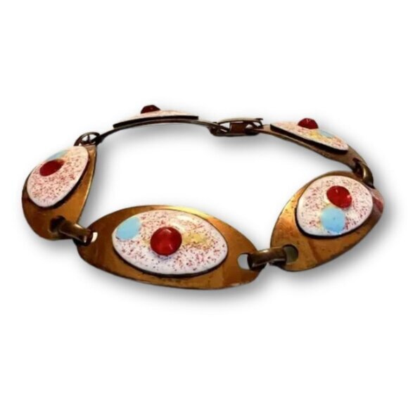 Bracelet Enameled Copper MCM Mid Century‎ Modern Jeweled Splatter Panel - Picture 1 of 7
